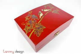 Red lacquer box with curved lid hand-painted with birds on the branch 30*22*H11cm